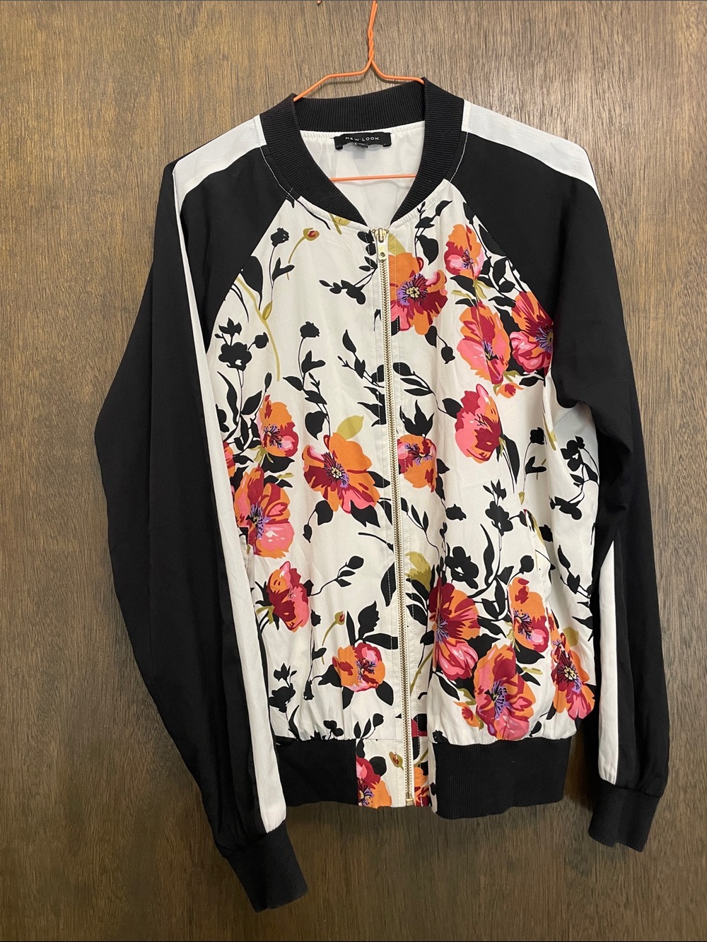 New Look Black & White Bomber Jacket with Pink & Orange Floral Print